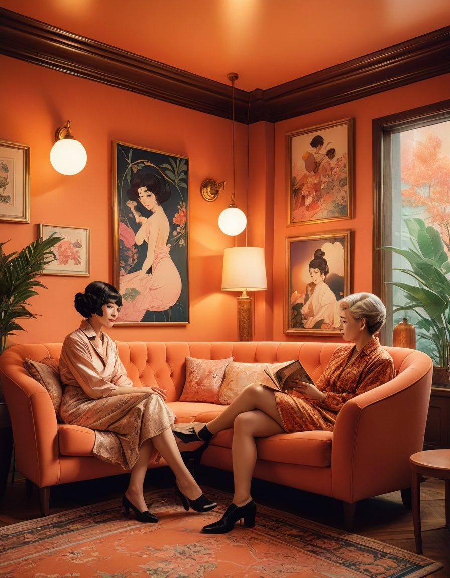 A visually striking collage featuring a spectrum of mature anime styles, from playful and quirky kinks to elegant classic art forms. Include elements representing older characters enjoying these adult entertainment genres, set in a cozy lounge filled with retro decor. Incorporate soft lighting and a warm color palette to evoke nostalgia and intimacy. Play with textures that blend both modern and vintage aesthetics, creating a harmonious transition between the styles. vibrant colors. soft focus.