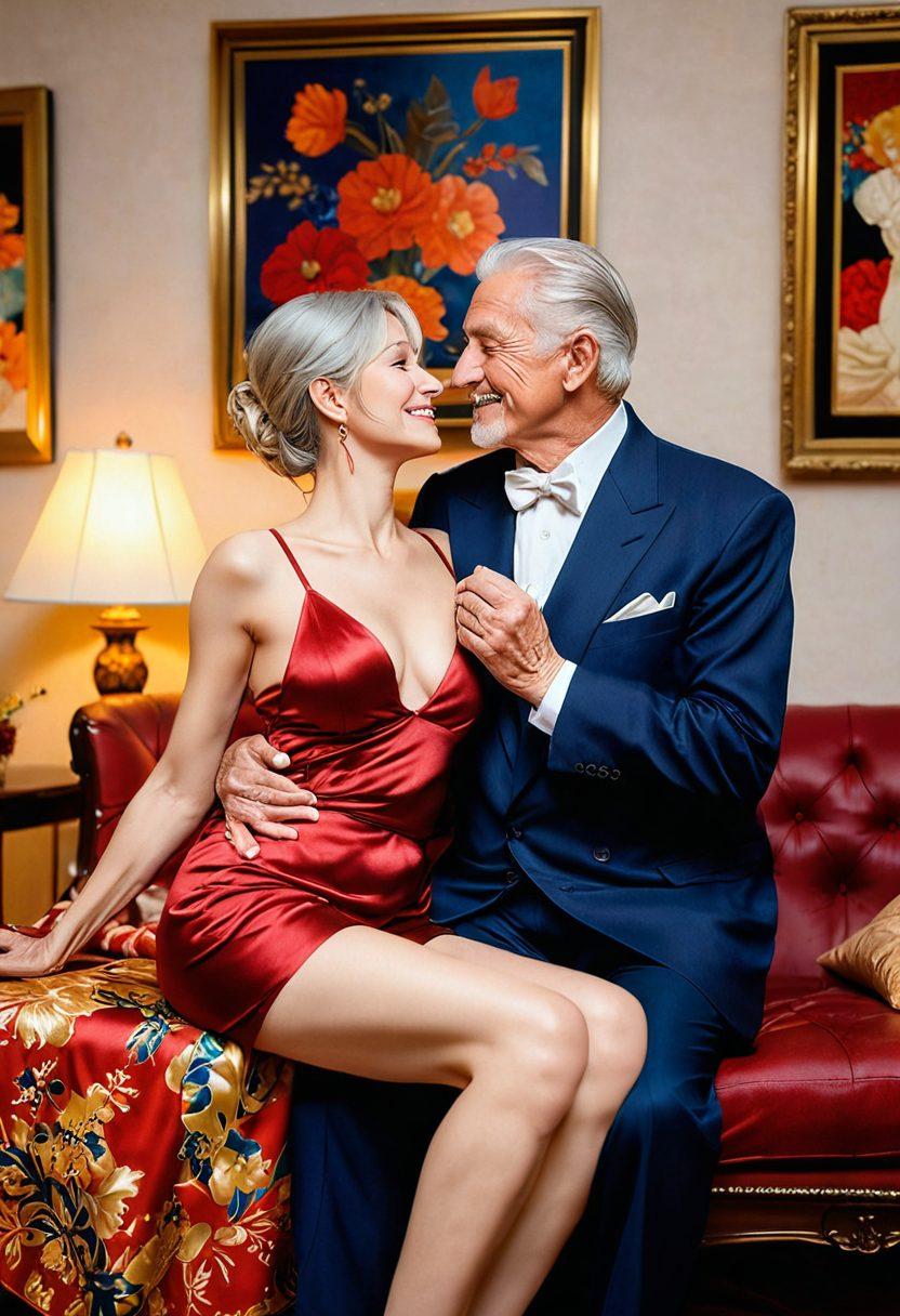 A sophisticated and artistic scene showcasing an elegant senior couple engaged in a sensual, playful moment surrounded by vibrant and eye-catching hentai art pieces. The setting is a cozy gallery filled with colorful hentai illustrations, blending themes of romance and aging, with warm lighting that emphasizes intimacy. The couple's expressions are joyful and carefree, celebrating the allure of erotic expression in their golden years. Soft, rich textures encompass the overall atmosphere. super-realistic. vibrant colors. intimate ambiance.